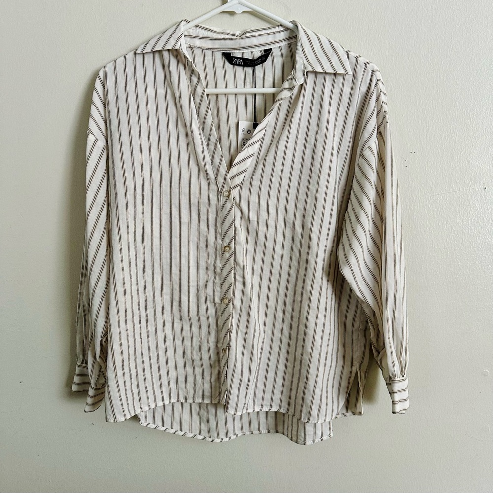 🥂SOLD🥂NWT Linen Blend ZARA Oversized White Striped Button Up Shirt w 3/4 Sleeves - Picture 3 of 7